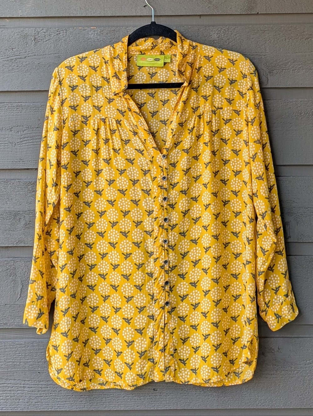 Rock Flower Paper Marigold Floral Pattern Button-Front Blouse Size Small Modal